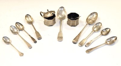 Lot 201 - George VI two-piece silver condiment set together with an assortment of silver teaspoons, etc