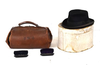 Lot 259 - Brushed moleskin top hat, plus doctor's bag, and bowler hat