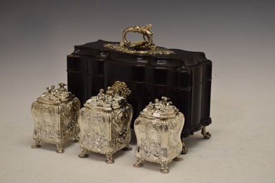 Lot 71 - Set of George II silver tea canisters and sugar box in fitted ebonised case