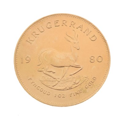 Lot South African 1oz fine gold Krugerrand coin, 1980