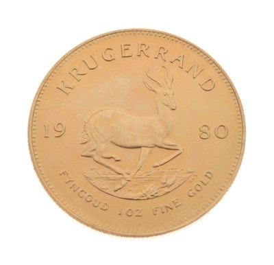 Lot 105 - South African 1oz fine gold Krugerrand coin, 1980