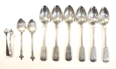 Lot 191 - Set of six Victorian silver Fiddle pattern teaspoons, together with a pair of spoons and tongs
