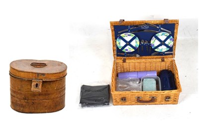 Lot 531 - Wicker picnic hamper, together with a vintage metal hat box