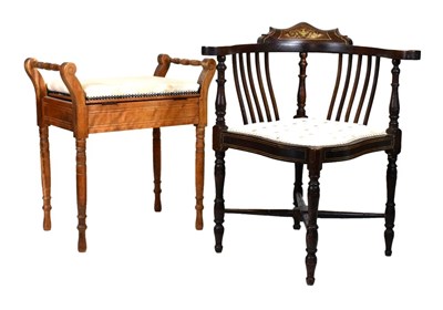 Lot 644 - Edwardian inlaid corner chair, together with a piano stool