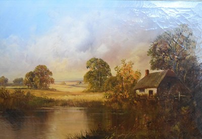 Lot 421 - Francis E. Jamieson (1895-1950) - Oil on canvas - Thatched lakeside cottage