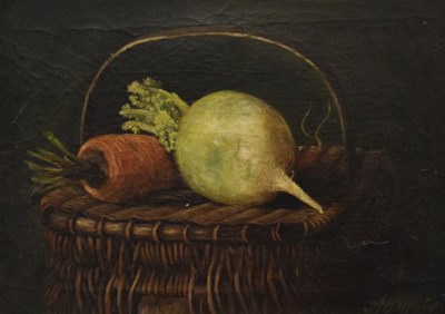 Lot 411 - Alfred Mortimer - Oil on canvas - Still-life with hamper and vegetables