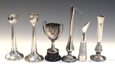 Lot 203 - Quantity of silver to include pair of George V, loaded candlesticks, etc
