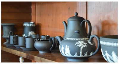 Lot 639 - Wedgwood Jasperware bowl and jug decorated with white relief, etc