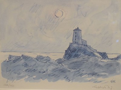 Lot 370 - Kyffin Williams (1918-2006) - Limited edition print - Llanddwyn Lighthouse Anglesey at sunset