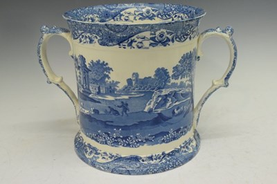 Lot 342 - Staffordshire blue and white transfer printed monumental cider jug