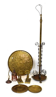 Lot 601 - Brass and wrought iron standard lamp and other brassware