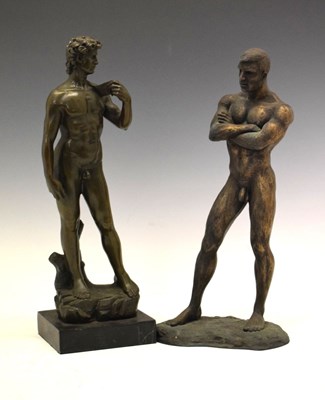 Lot 247 - Bronzed resin after Michelangelo's 'David', plus another later
