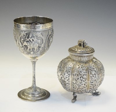 Lot 179 - Indian white metal goblet with presentation inscription together with a lidded vase