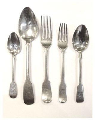 Lot 201 - Matched set of mainly Georgian and Victorian Irish silver Fiddle pattern flatware