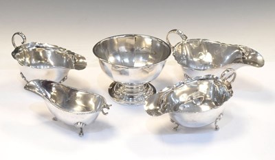 Lot 186 - George V silver pedestal bowl, together with four silver sauce boats (all A/F)