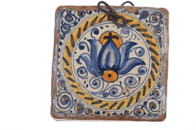 Lot 321 - Three 17th Century Dutch Delft tiles, together with a Spanish tile