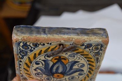 Lot 321 - Three 17th Century Dutch Delft tiles, together with a Spanish tile