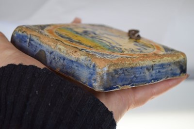 Lot 321 - Three 17th Century Dutch Delft tiles, together with a Spanish tile