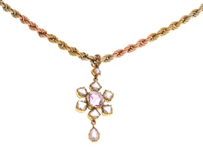 Lot 72 - 9ct three-colour gold rope-twist necklace with purple stone pendant