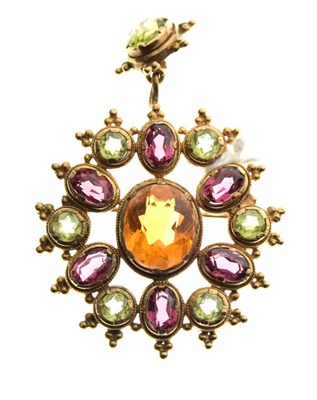 Lot 50 - 9ct gold brooch/pendant, set three colours of gems