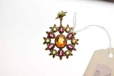 Lot 50 - 9ct gold brooch/pendant, set three colours of gems