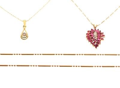 Lot 82 - Diamond pendant and fine chain, diamond and ruby pendant, etc