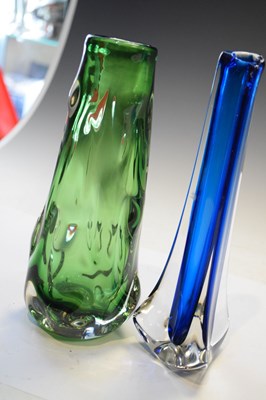 Lot 346 - Whitefriars 'knobbly' vase in meadow green, together with a tri-corn vase
