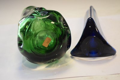 Lot 346 - Whitefriars 'knobbly' vase in meadow green, together with a tri-corn vase