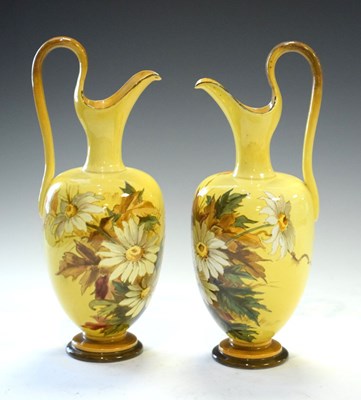 Lot 381 - Pair of Doulton Faience ewers floral decoration on yellow ground