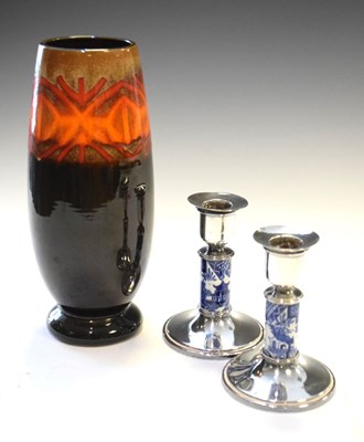 Lot 360 - Poole pottery 'Aegean' vase, together with a pair of plated candlesticks