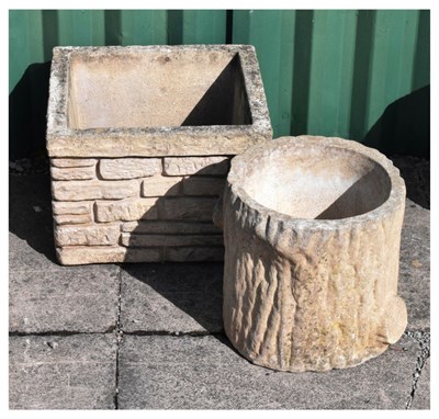 Lot 660 - Square brick effect Sandford Stone garden planter, together with a tree-trunk effect planter