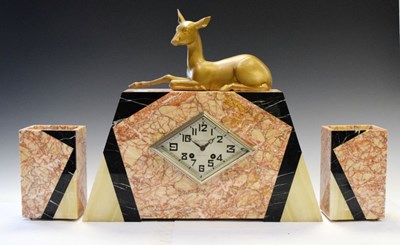 Lot 404 - Art Deco French mantel clock garniture with figural deer