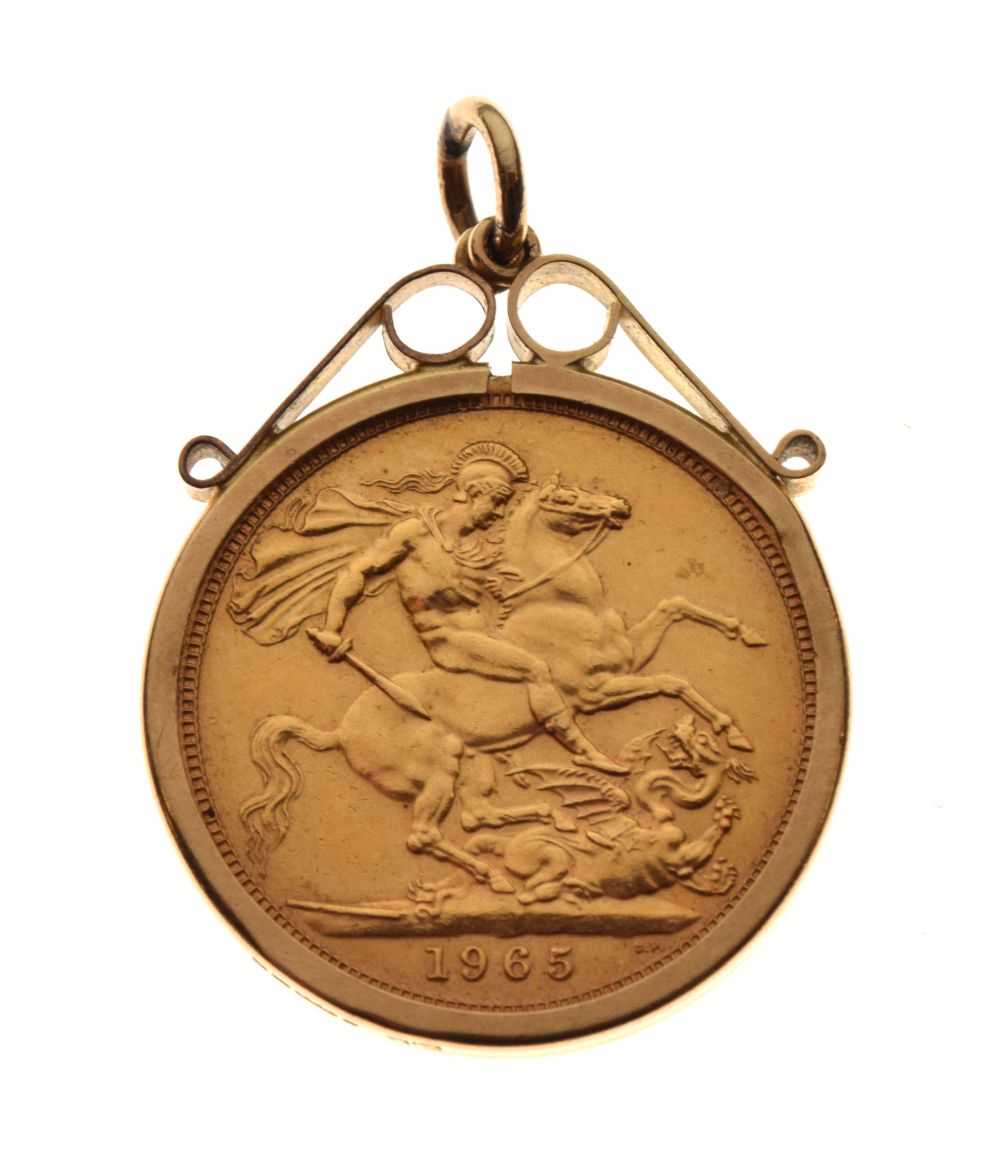 Lot 25 - Gold coin - Elizabeth II sovereign, 1965, in frame