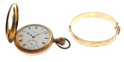 Lot 137 - Gold-plated Waltham USA half-hunter pocket watch, together with a 9ct metal core bangle