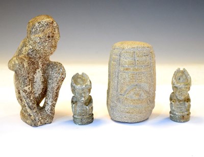 Lot 250 - Pre-Columbian seated figure, stone figure, and two small soapstone figures (4)