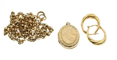Lot 83 - 9ct gold belcher-link chain, together with a pair of unmarked hoop earrings and a locket