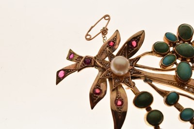 Lot 27 - Yellow metal, turquoise, pearl ruby and diamond chip-set spray brooch