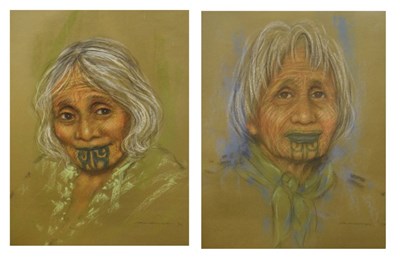 Lot 638 - Kristin Zambueka - Pair of pastels - Portraits of Maori women, plus book