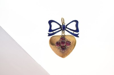 Lot 92 - Yellow metal (9ct) & blue enamel bow and heart pendant
