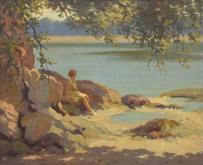 Lot 427 - Frank Jameson (1899-1968) - Oil on canvas - Coastal view with lady seated upon a rock