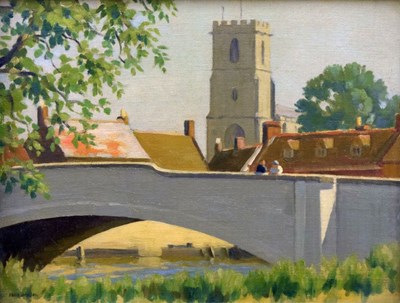 Lot 428 - Frank Jameson (1899-1968) - Oil on canvas - Figure on bridge, Wareham, Dorset