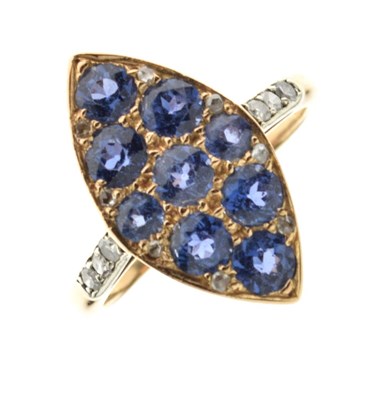 Lot 7 - Unmarked yellow metal, sapphire and diamond dress ring