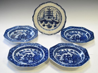 Lot 372 - Feather edge plate together with four Delft plates