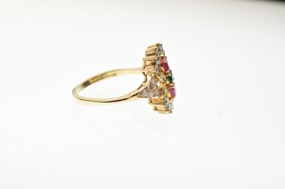 Lot 25 - Diamond, ruby and emerald dress ring