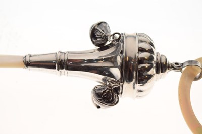 Lot 140 - George V silver rattle, with mother of pearl teether and handle