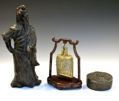 Lot 196 - Chinese bronze figure, together with a reproduction bell and Japanese box (3)