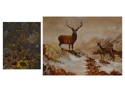 Lot 553 - A. Richardson - Oil on board - Flowers & Roy Quick oil on canvas of a Stag