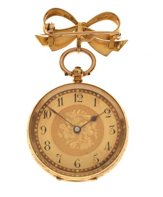 Lot 112 - Lady's 18K yellow metal open face fob watch