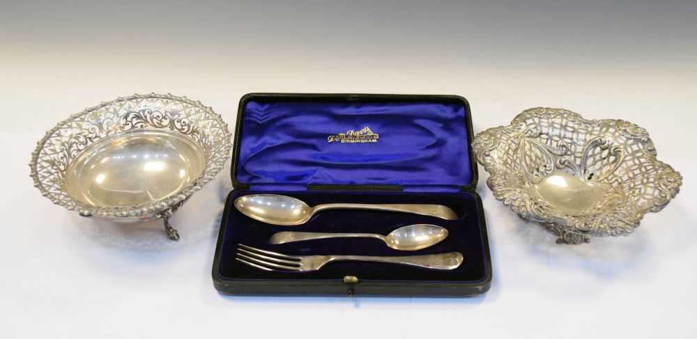 Lot 141 - Two silver bonbon dishes, together with an early 20th Century cased christening set