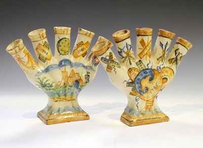 Lot 298 - Pair of Continental faience five-neck tulip vases (damaged)